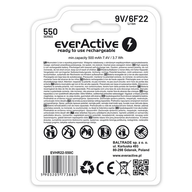 EverActive 6F22/9V Li-ion 550 mAh akumulators ar USB TYPE C savienojumu