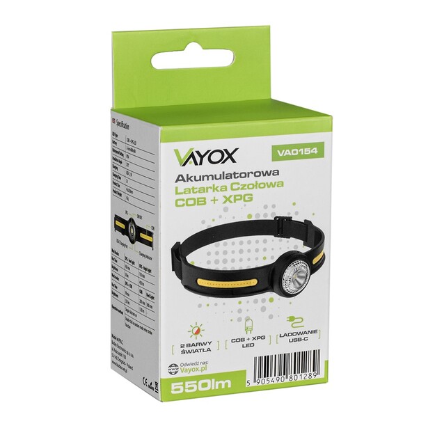 Vayox COB + XPG uzlādējams lukturītis 550lm USB-C VA0154