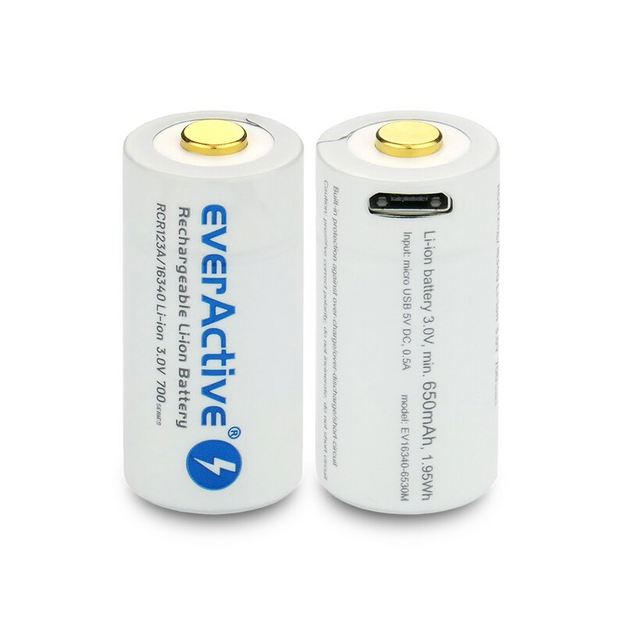 everActive 16340 3V Li-ion 700mAh micro USB akumulators ar aizsardzību