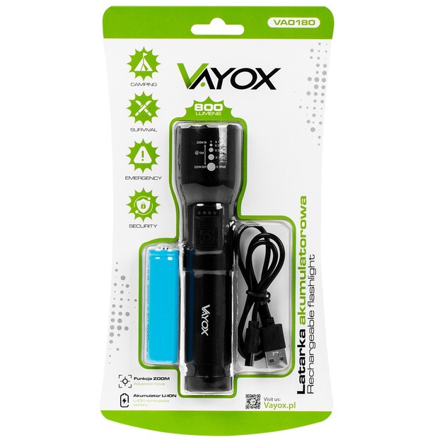 Vayox uzlādējams lukturītis 800lm 20W LED VA0180