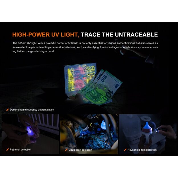 Fenix E06R lukturītis: balta gaisma + UV 365nm gaisma + sarkans lāzers