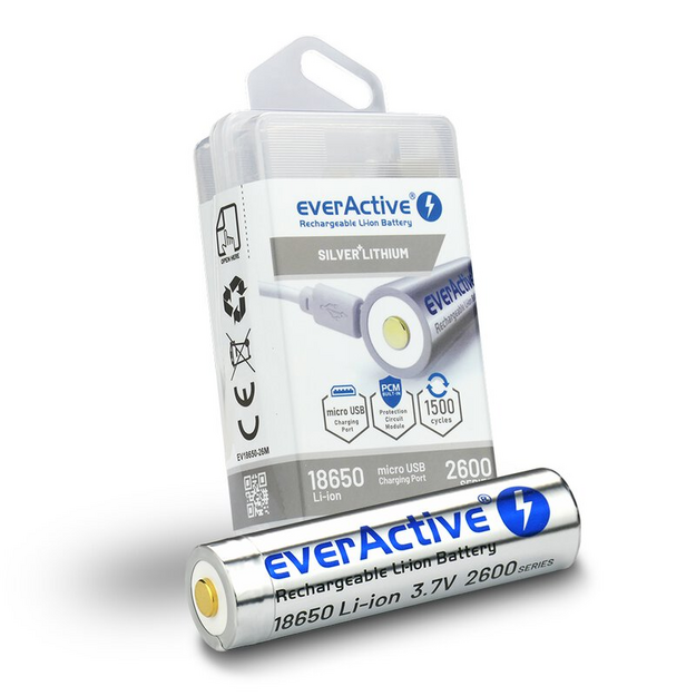 EverActive 18650 3,7 V Li-ion 2600 mAh mikro USB akumulators ar iepakojumu