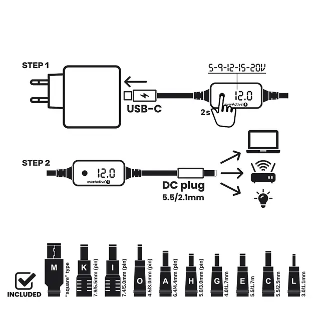Universāls baro&scaron;anas avots, sprieguma selektors USB-C PD - DC 5V, 9V, 12V, 15V, 20V, 10 savienotāji, everActive AD-PD65