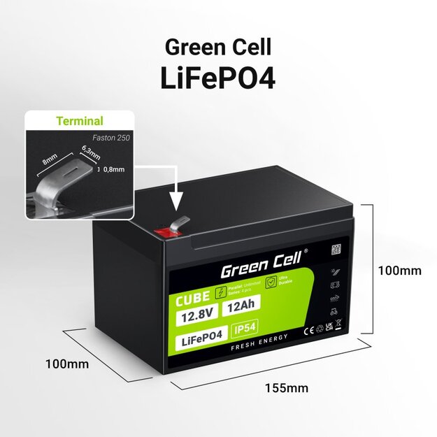 Green Cell LFPGC12V12AH UPS LiFePO4 Akumulators 12,8V 12Ah