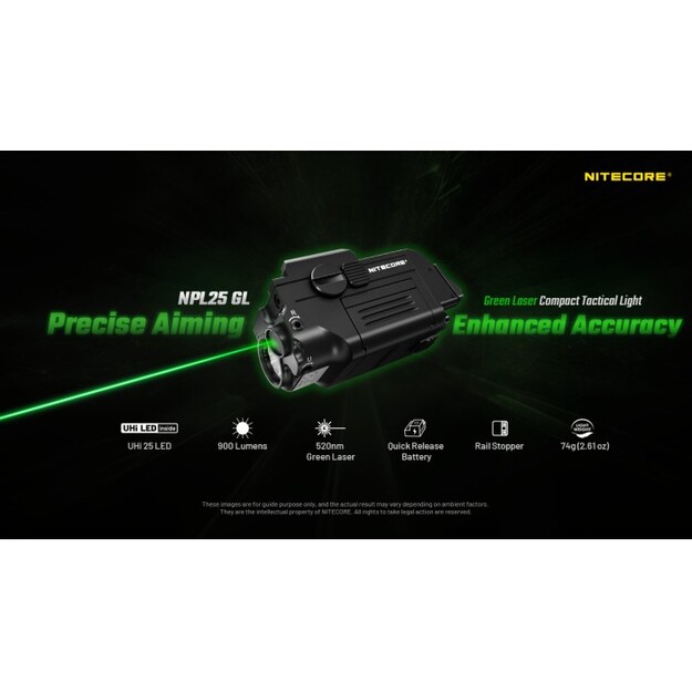 Nitecore NPL25 GL UHi 25 LED 900 lumens weapon light + green laser