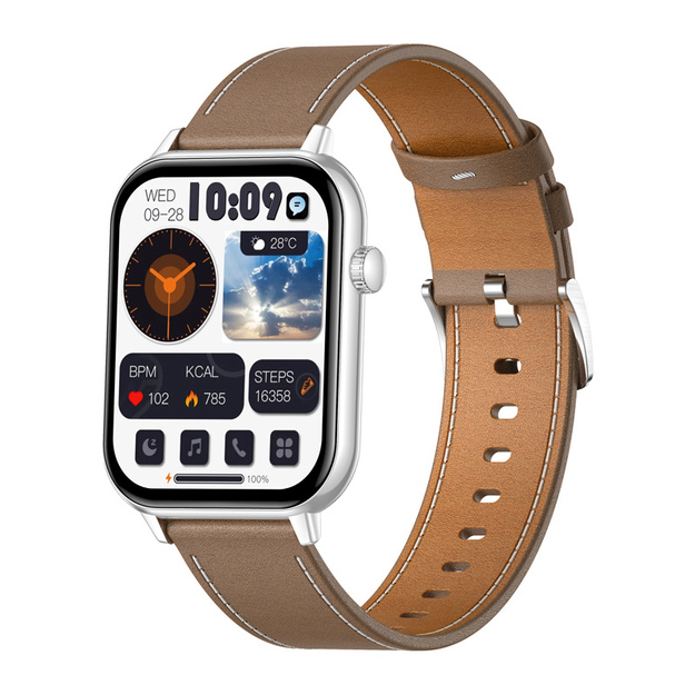 COLMI C28 Smartwatch &ndash; Silver + Brown Leather Strap