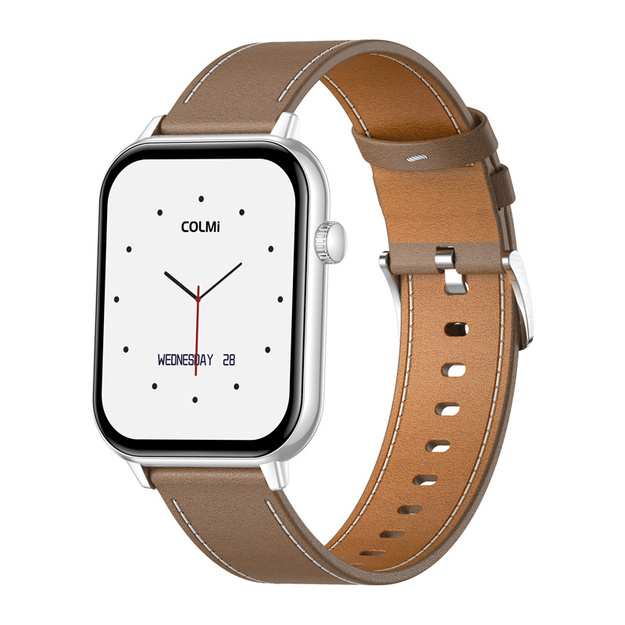 COLMI C28 Smartwatch &ndash; Silver + Brown Leather Strap