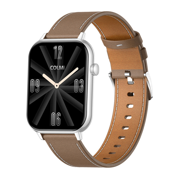 COLMI C28 Smartwatch &ndash; Silver + Brown Leather Strap