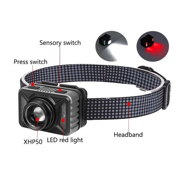 Lukturis ar kustības sensoru 10W XHP50 + sarkana gaisma