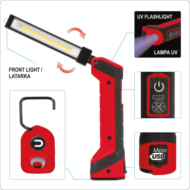 Uzlādējama darba gaisma 5W 500lm ar ultravioleto 1W gaismu