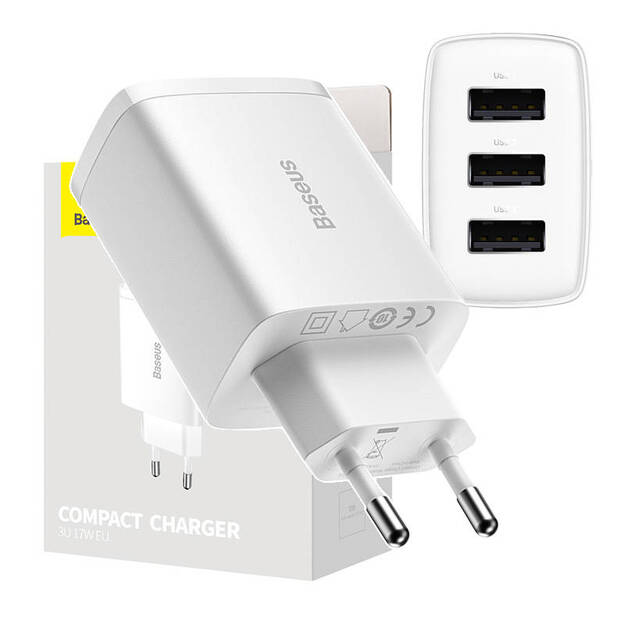 Baseus kompaktais ātrais lādētājs, 3x USB, 17 W (balts)