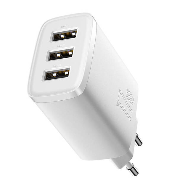 Baseus kompaktais ātrais lādētājs, 3x USB, 17 W (balts)