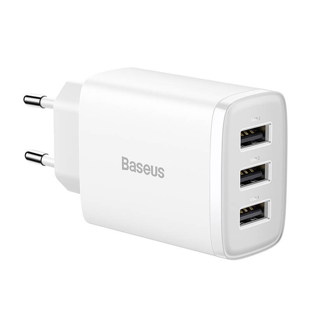 Baseus kompaktais ātrais lādētājs, 3x USB, 17 W (balts)