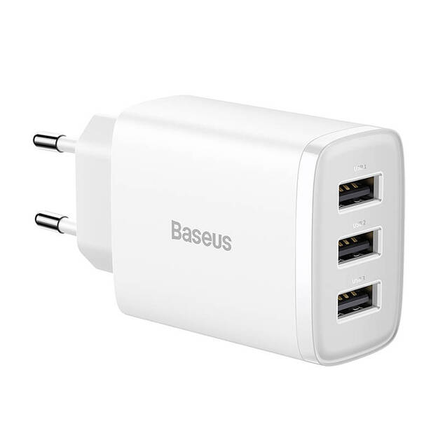 Baseus kompaktais ātrais lādētājs, 3x USB, 17 W (balts)