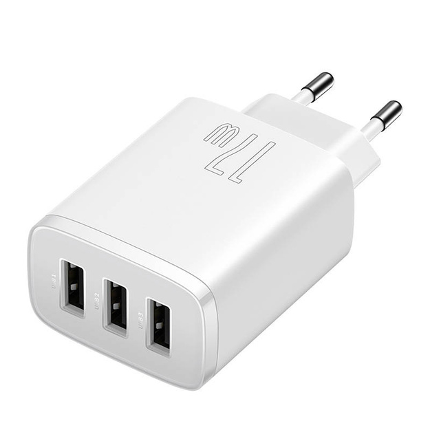 Baseus kompaktais ātrais lādētājs, 3x USB, 17 W (balts)
