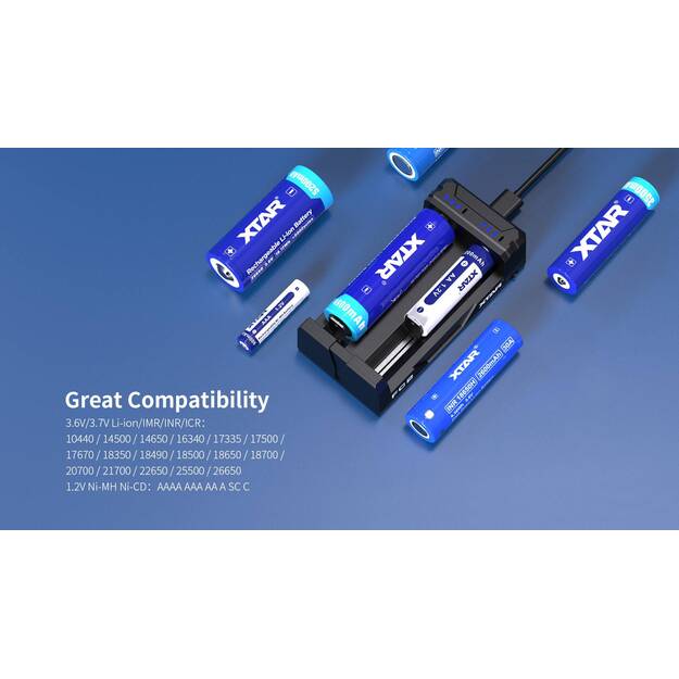 XTAR FC2 lādētājs Li-Ion un NiMh / NiCd akumulatoriem