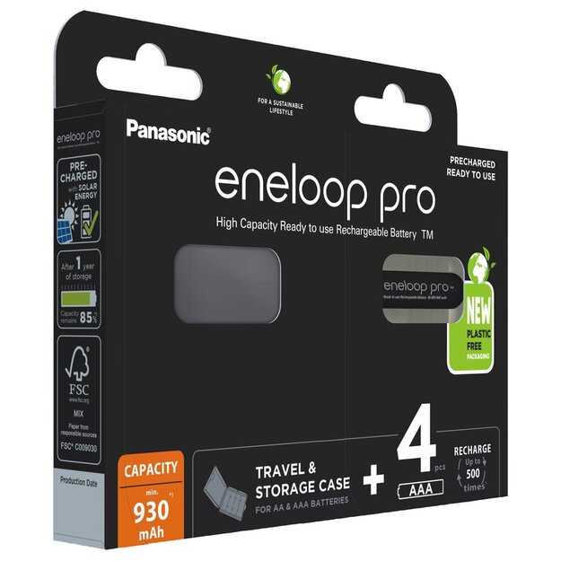 Panasonic Eneloop PRO Ni-MH 930mAh x 4 uzlādējamās baterijas R03 + kaste BK-4HCDEC4BE