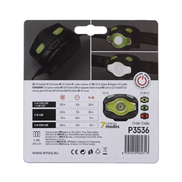Galvas lukturītis EMOS COB LED 220 lm, 100m, 3xAAA P3536