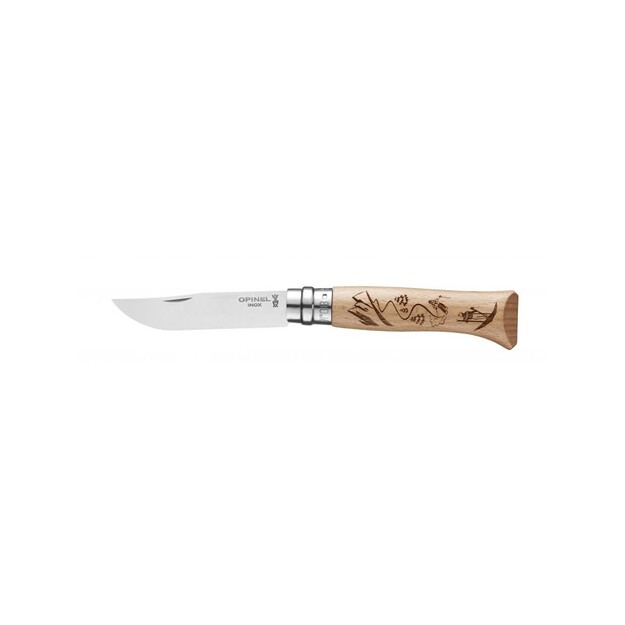 Opinel knife No 8 with ski motifs, engraved beech handle