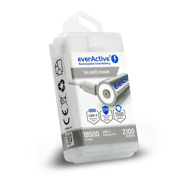 everActive 18500 3.7V Li-ion 2100mAh USB-C akumulators ar aizsardzību