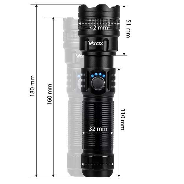Vayox uzlādējams taktiskais lukturītis 600lm 10W LED ar powerbank funkciju VA0179