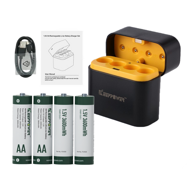 Keeppower I4 Lādētājs ar 4 x 1.5V AA Litija jonu baterijām (3600 mWh) &ndash; USB-C Ieeja