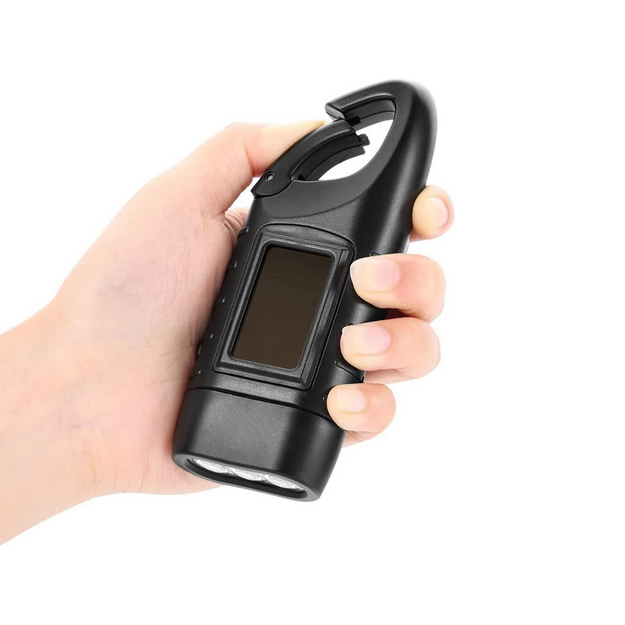 LED lukturis ar dinamo un saules bateriju