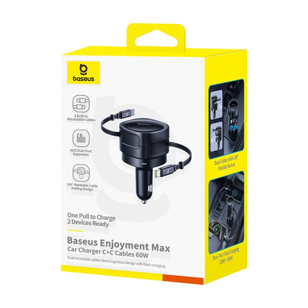 Baseus Enjoyment Max auto lādētājs ar USB-C+USB-C kabeļiem 60 W melns