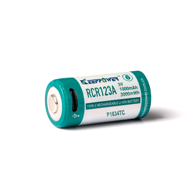 Keeppower RCR123A &ndash; 3 V &ndash; 1000 mAh litija jonu akumulators (uzlādējams caur USB-C) P1634TC