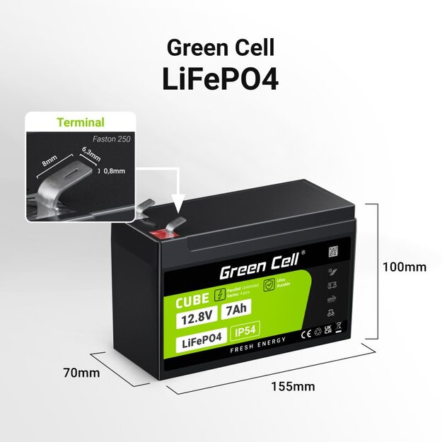 Green Cell CUBE LiFePO4 Battery 7Ah 12.8V 89.6Wh