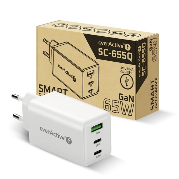 everActive GaN SC-655Q maiņstrāvas lādētājs ar USB portu un 2 USB-C PD PPS QC4+ 65W