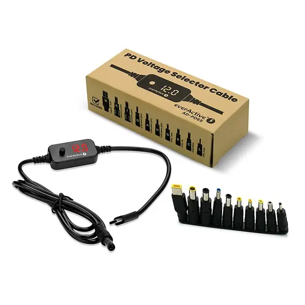 Universāls baro&scaron;anas avots, sprieguma selektors USB-C PD - DC 5V, 9V, 12V, 15V, 20V, 10 savienotāji, everActive AD-PD65
