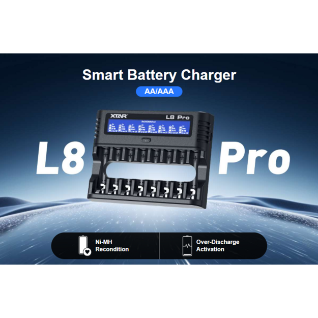 XTAR L8 Pro lādētājs AA / AAA 1,5V Li-ion un 1,2V Ni-MH baterijām