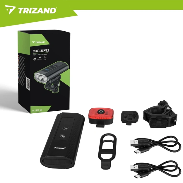 Trizand 1300lm LED Bicycle Light Front and Rear Set with Powerbank Function