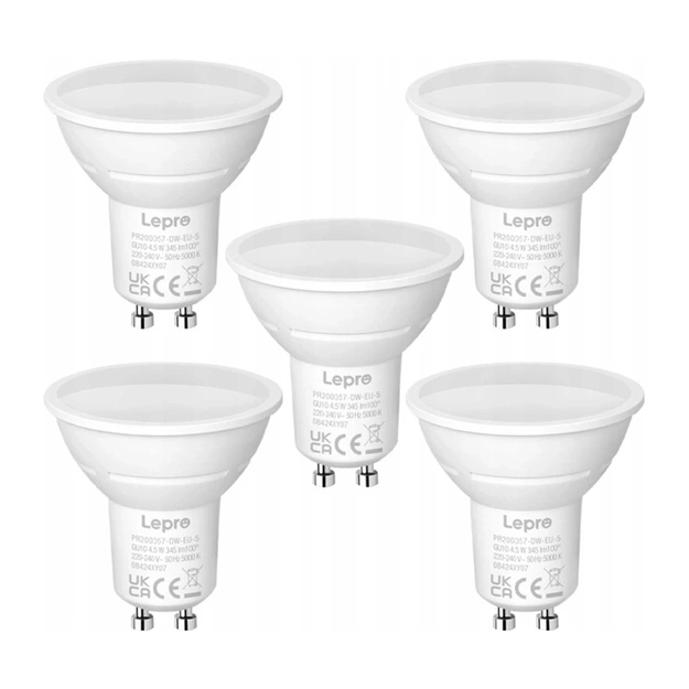 LEPRO 200057-DW-EU-5 GU10 LED Bulb, 4.5W (50W), 345 lm, 5000K, 100&deg;, 5 pcs.