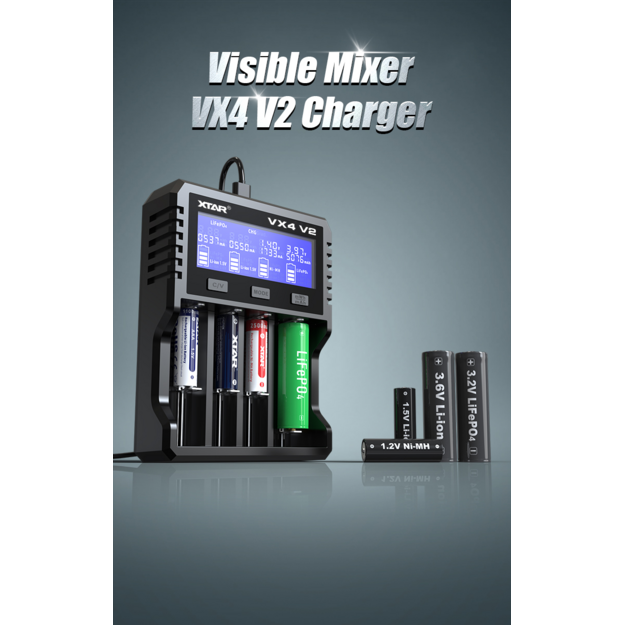 XTAR VX4 V2 Li-ion 1.5 V / 3.6 V / 3.7 V / Li-FePO4 / Ni-MH battery charger complete with power supply